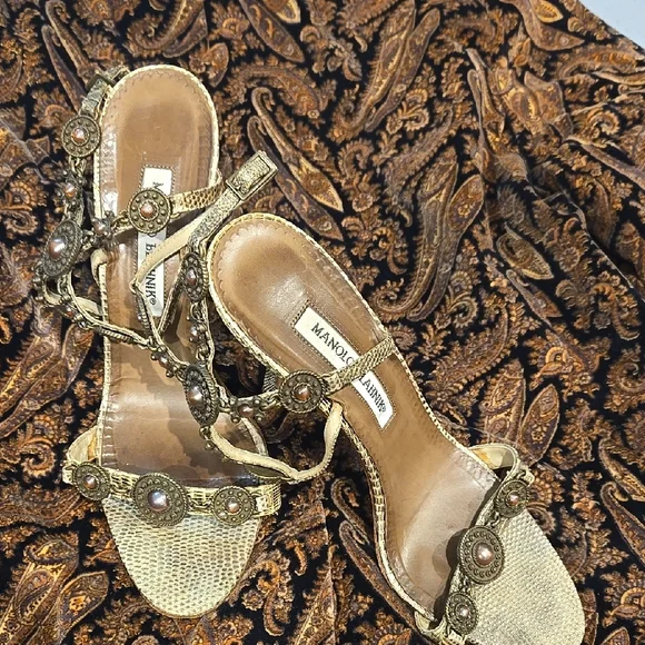 Manolo Blahnik Gold Embellished Heels - Picture 1 of 1